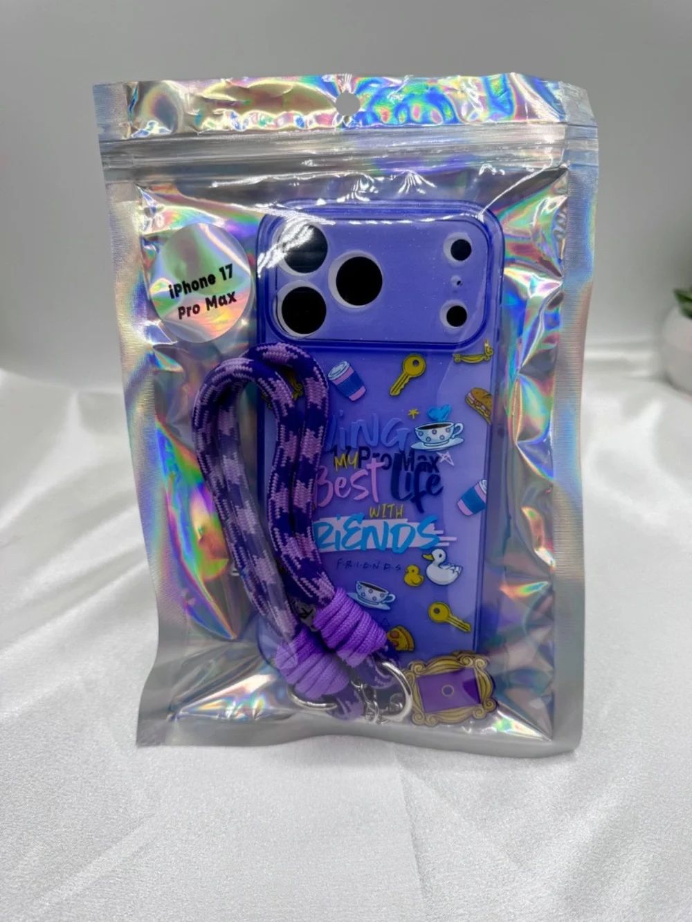 Friends TV Show iPhone 17 Pro Max Case w/ Wrist Lanyard – Purple Clear